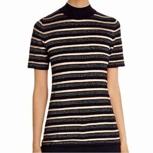 Tahari Striped Mock Neck Top in Black/Gold/Silver Women’s S